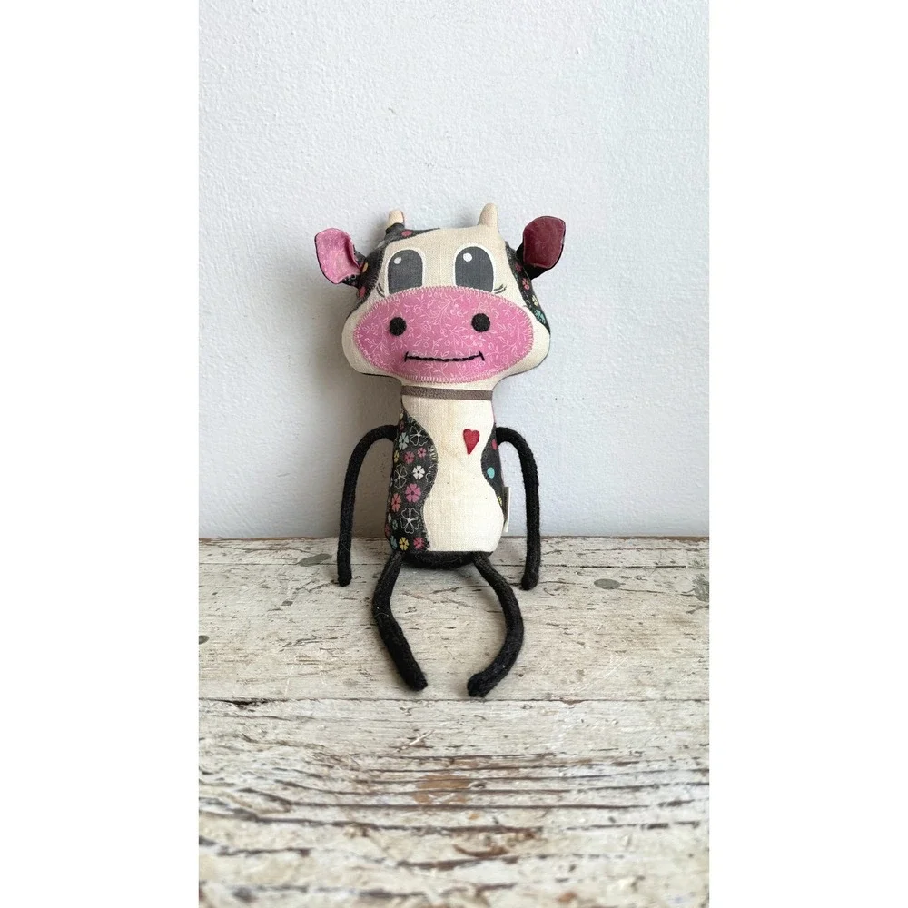 Pink Needle Felted Cow Plush Patchwork Floral Plaid Heart Bell Toy
